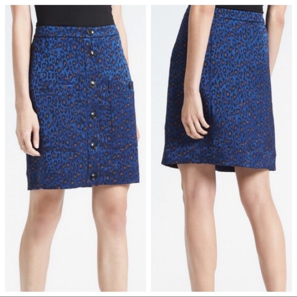 Banana Republic Cobalt Blue Leopard Print Button Front Skirt - Picture 2 of 11